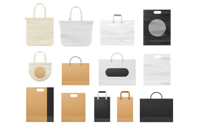 Realistic shopping paper, plastic and cloth tote bag mockups. Eco reus