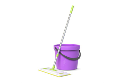 Realistic 3d rag mop and plastic bucket, floor cleaning equipment. Spo