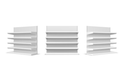 White empty store shelf rack mockup front and perspective view. Realis