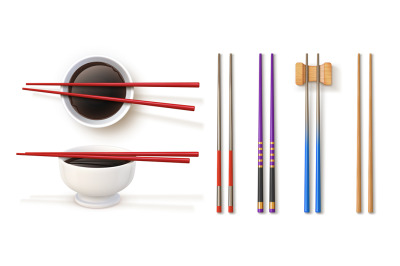 Realistic chopstick designs and bowl with soy sauce. Traditional japan