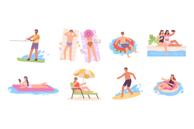 Flat characters enjoying summer, sunbathe on lounger and lay at swim r