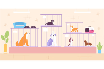 Animal shelter, adoption center or petshop interior with dogs. Rescued