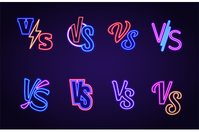 Versus logo glowing neon signs, vs game battle contest. Competition ad