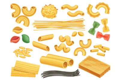 Cartoon wheat pasta products, noodles, fettuccine and black spaghetti.