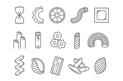 Italian food, pasta product shape types line icons. Outline spaghetti,