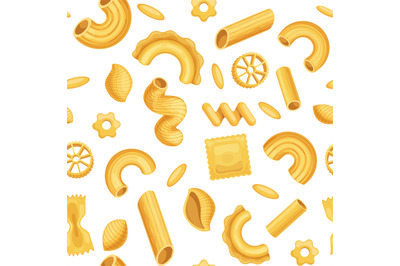 Cartoon italian pasta, dough food seamless pattern. Macaroni, penne, f