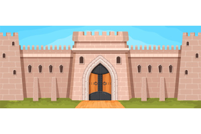 Cartoon medieval kingdom stone wall with gates and towers. Castle or t