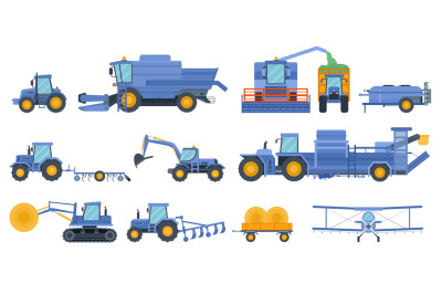 Flat agricultural machinery, farm combine, harvester and tractor. Crop