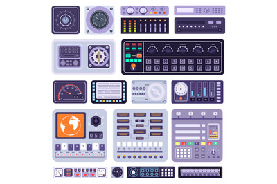 Space control dashboard panel, sensors data and displays. Spaceship co