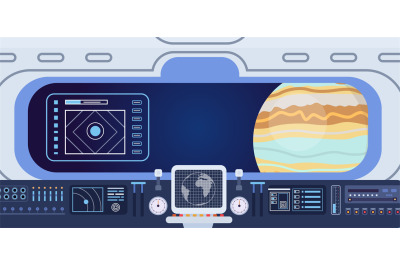 Flat spaceship cabin with control panels dashboard and porthole. Space