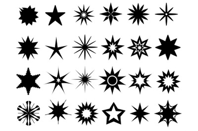 Flat sparkle stars black silhouettes&2C; logo designs. Twinkle magic star