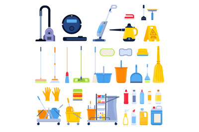 Flat cleaning tools, brooms, rags, brushes and detergent bottles. Hous