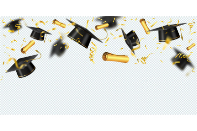 Realistic background with flying graduation caps, gold confetti and di