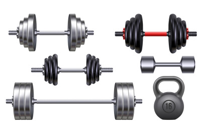 Realistic metal dumbbells, kettlebell and barbell for gym weight train