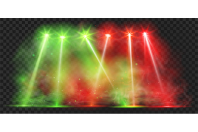 Night club colorful stage lights with smoke background. Realistic disc