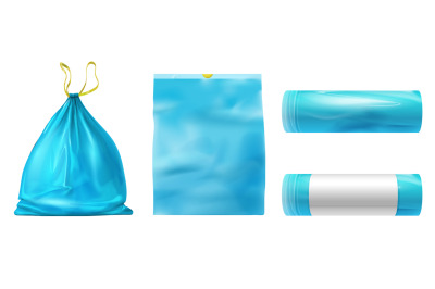 Plastic trash bag full, empty and package roll mockup. Realistic sack