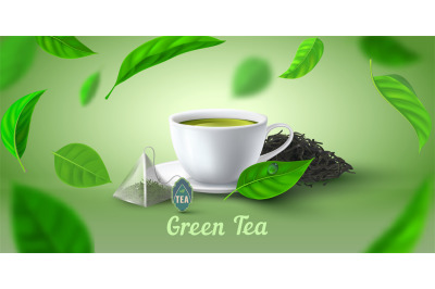 Advertising poster with realistic green tea cup, bag and leaves. Morni