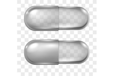 Realistic empty transparent pharmacy capsule pill mockup. Antibiotic,