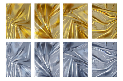 Realistic texture of crumpled silver and golden foil sheets. 3d shiny