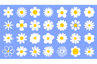 Cartoon daisy logo designs, chamomile flower icons. Flat spring floral