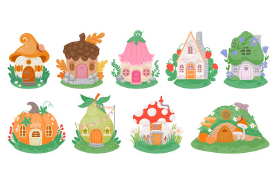 Cartoon little fantasy houses for fairies, elves, gnomes or dwarfs. Mu