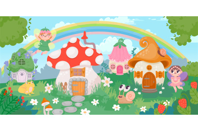 Magic forest village landscape with little houses and fairy. Flower an