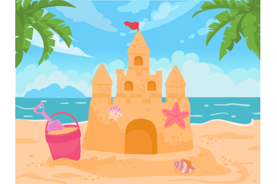 Cartoon sand castle, bucket and shovel at sea beach. Sand tower with s