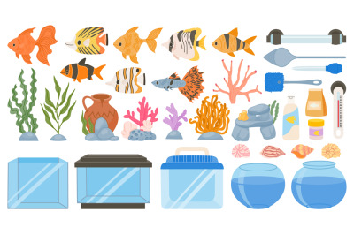 Cartoon aquarium fish, food, decoration, tank, tools and equipment. Un