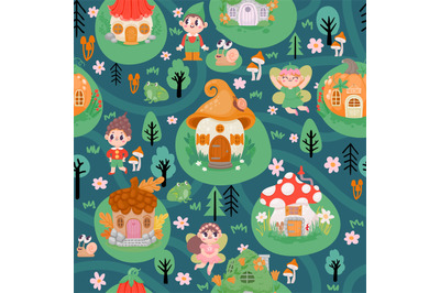 Fairytale seamless pattern with magic village houses and fairies. Cart