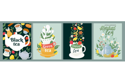 Black, green and herbal tea package label design. Tea drink concept wi