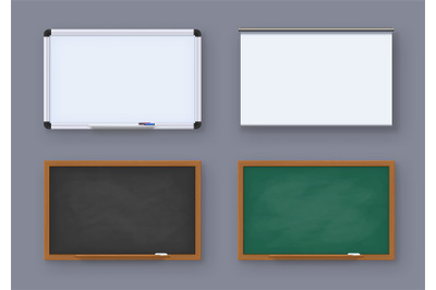 Realistic green blackboard, white marker board and projector screen. S