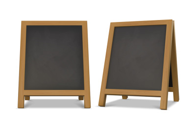 Outdoor chalk menu blackboard stand with wood frame. Realistic chalkbo