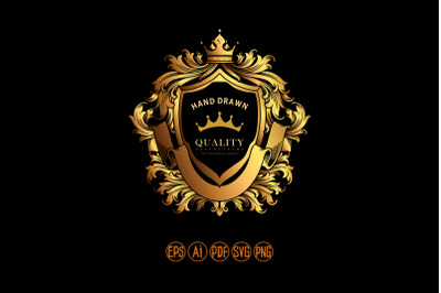 Gold shield crown badge with classic ribbon SVG