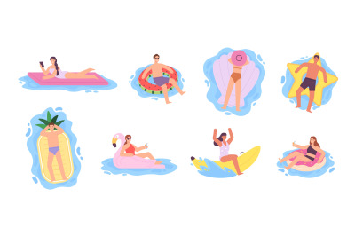 Flat people on inflatable air mattresses and swimming rings. Women flo