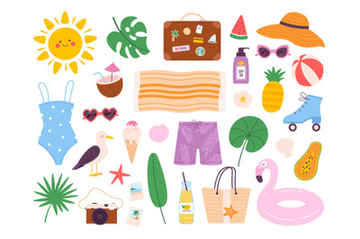 Summer icons&2C; sun&2C; beach bag&2C; swim suit and ice cream. Summertime vaca