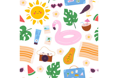 Summer seamless pattern with beach elements&2C; sun&2C; flamingo and waterme