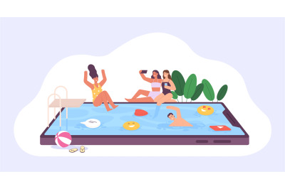 Social media concept with people swim in phone pool. Smartphone influe