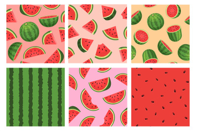 Cartoon watermelon seamless pattern, red texture with seeds. Tropic su