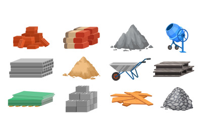 Construction material piles and equipment, cement, sand and bricks. Bu