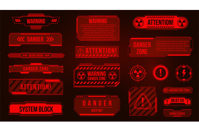 Futuristic HUD danger zone and alert caution screens. Warning and atte