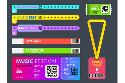 Event tickets, entrance bracelets and badge for access control. Music