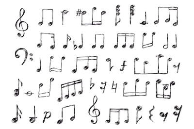 Sketch musical notes&2C; rest&2C; treble and bass clef. Grunge scribble musi