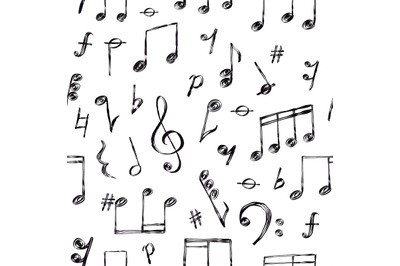 Doodle music notes, signs and clefs, melody seamless pattern. Hand dra