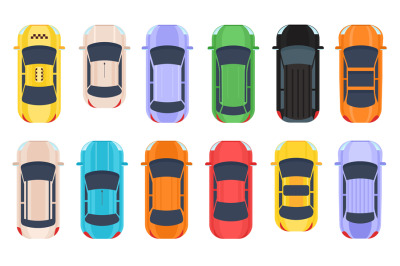 Flat vehicle&2C; auto transport&2C; cars top view. Cartoon taxi&2C; jeep and mi