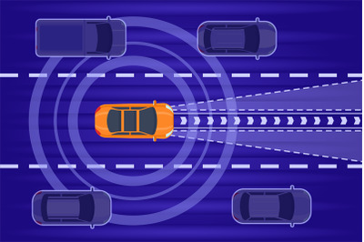 Smart autonomous car drive in traffic top view. Future car with radar