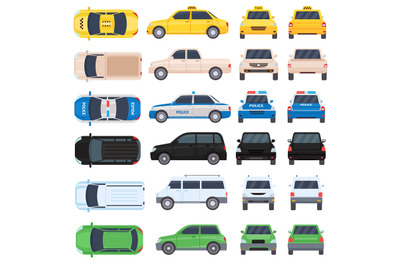 Flat cars&2C; police and taxi top&2C; side&2C; back and front view. Cartoon aut