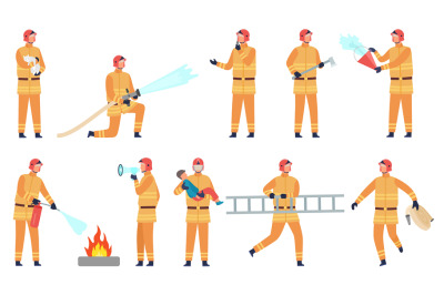 Flat firefighter character with hose, bucket, fire extinguisher and ax