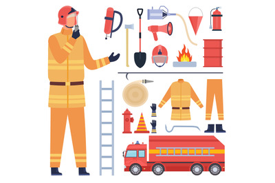 Cartoon fireman character in uniform, firefighter equipment and tools.