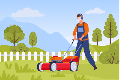 Flat lawn mower service worker character in garden. Man with lawnmower