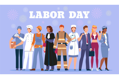 Happy labor day poster with people workers in profession uniform. Inte